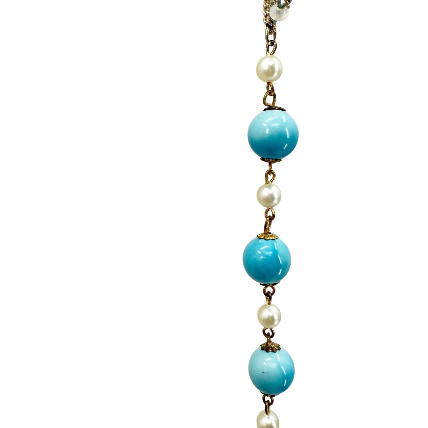 vintage gold chain Necklace faux pearls turquoise blue beads costume jewelry