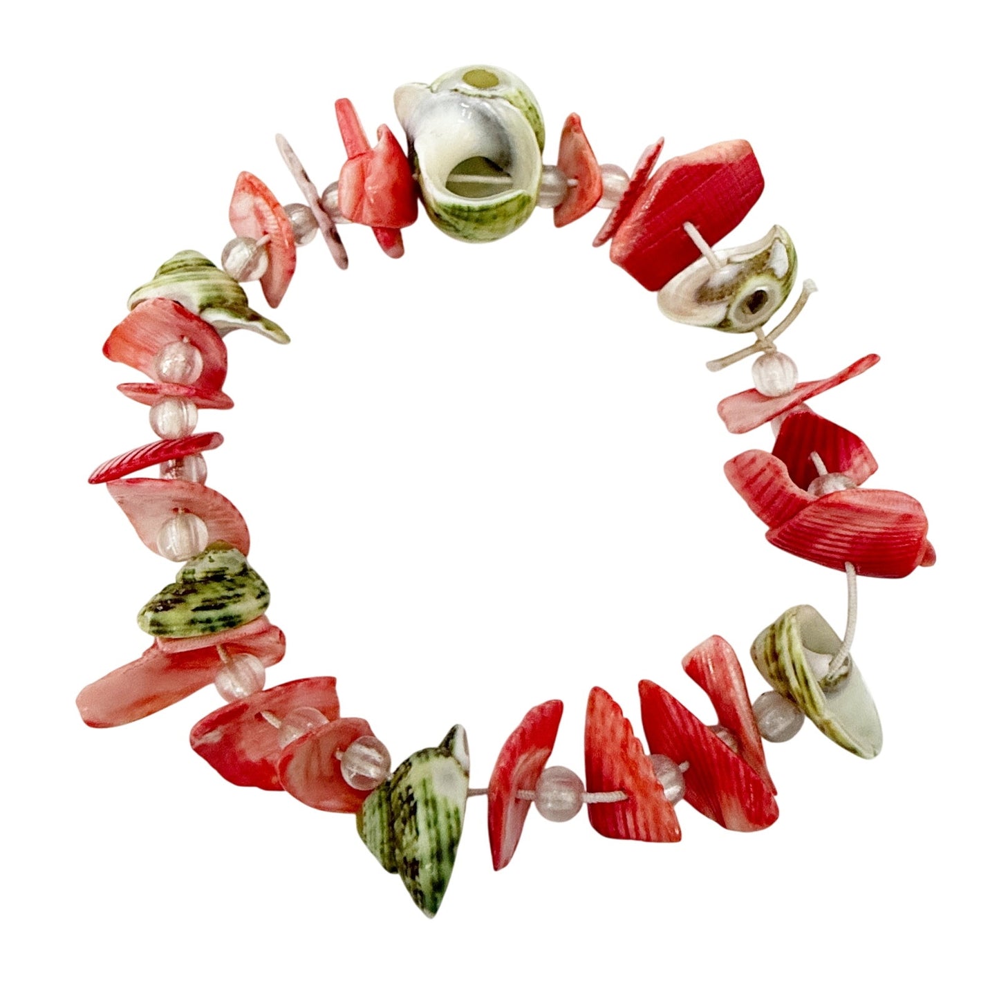 pinkish coral & green seashells with clear beads Bracelet shells beach jewelry