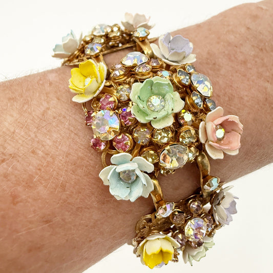 vintage pastel enamel spring flowers Bracelet & Earrings Set rhinestones gold