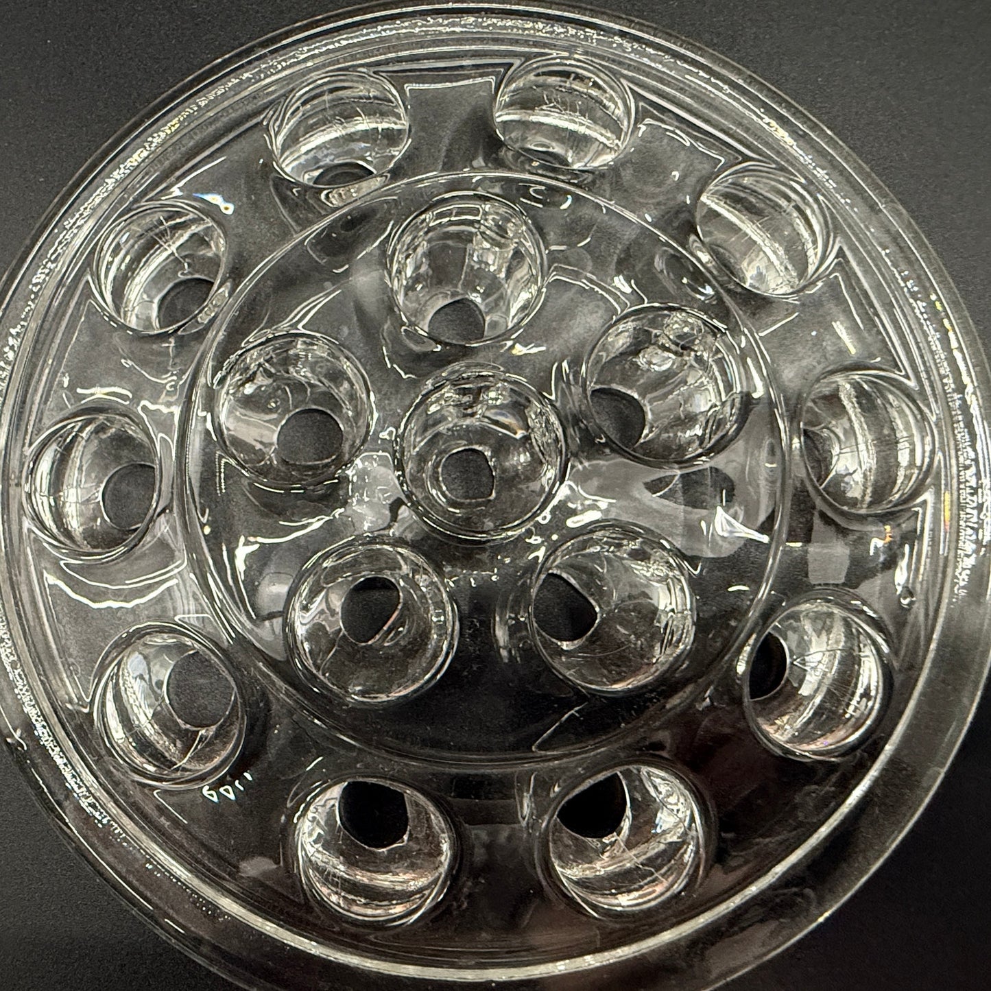 vintage 5" clear glass Flower Frog with 16 stem holes for floral arrangements