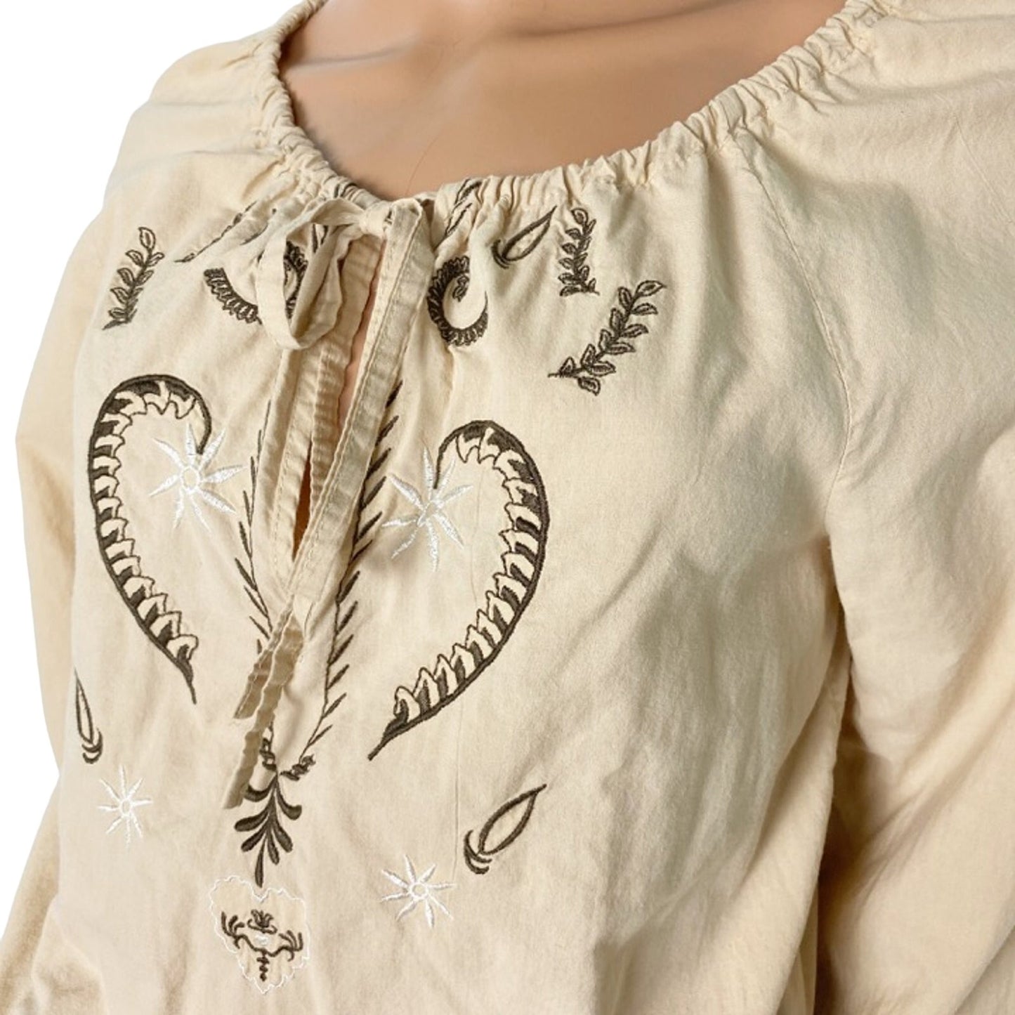 Solo Paris brown white & tan embroidered peasant BLOUSE top size 2 small