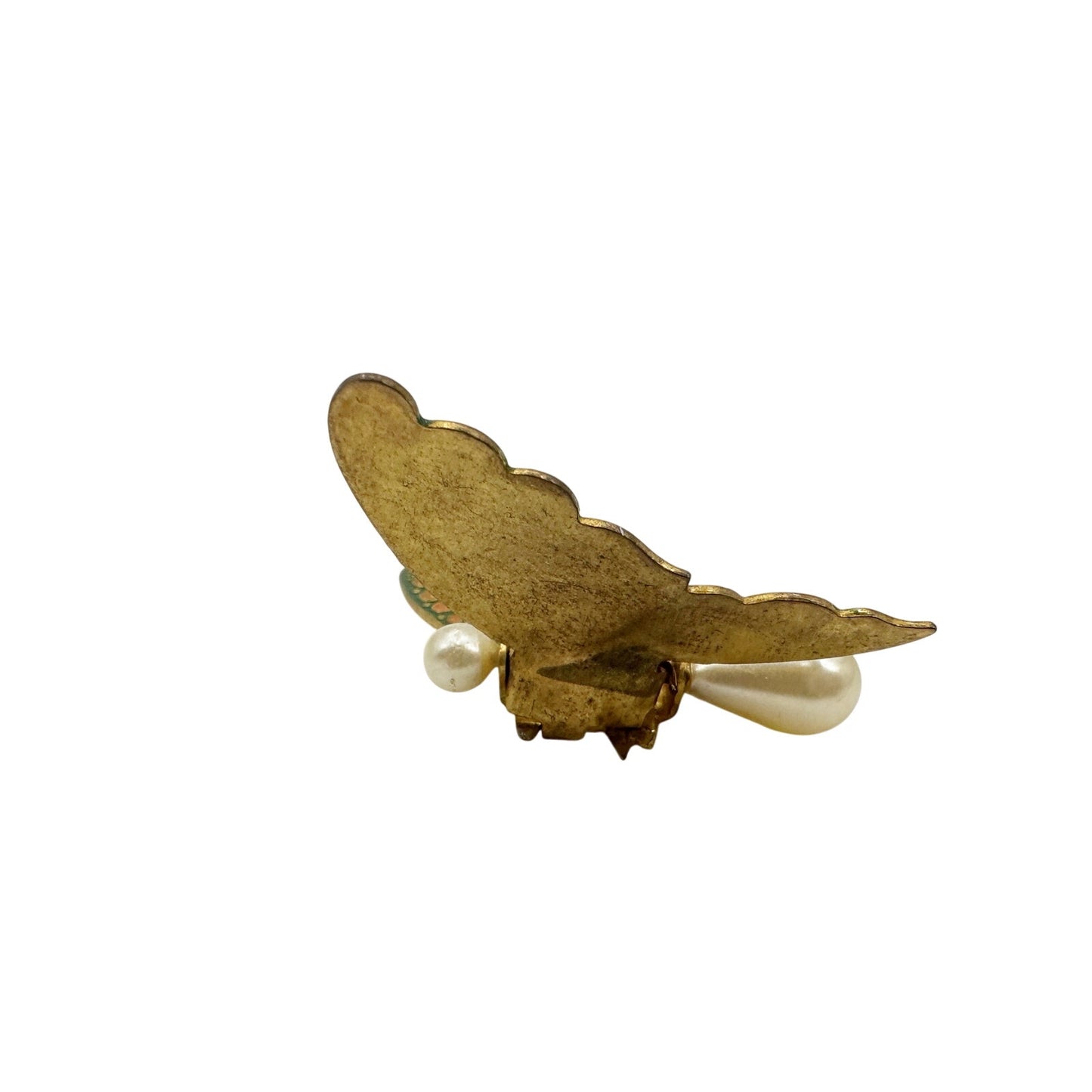 vintage Butterfly Clip green orange gold faux pearls jewelry pin made in SPAIN