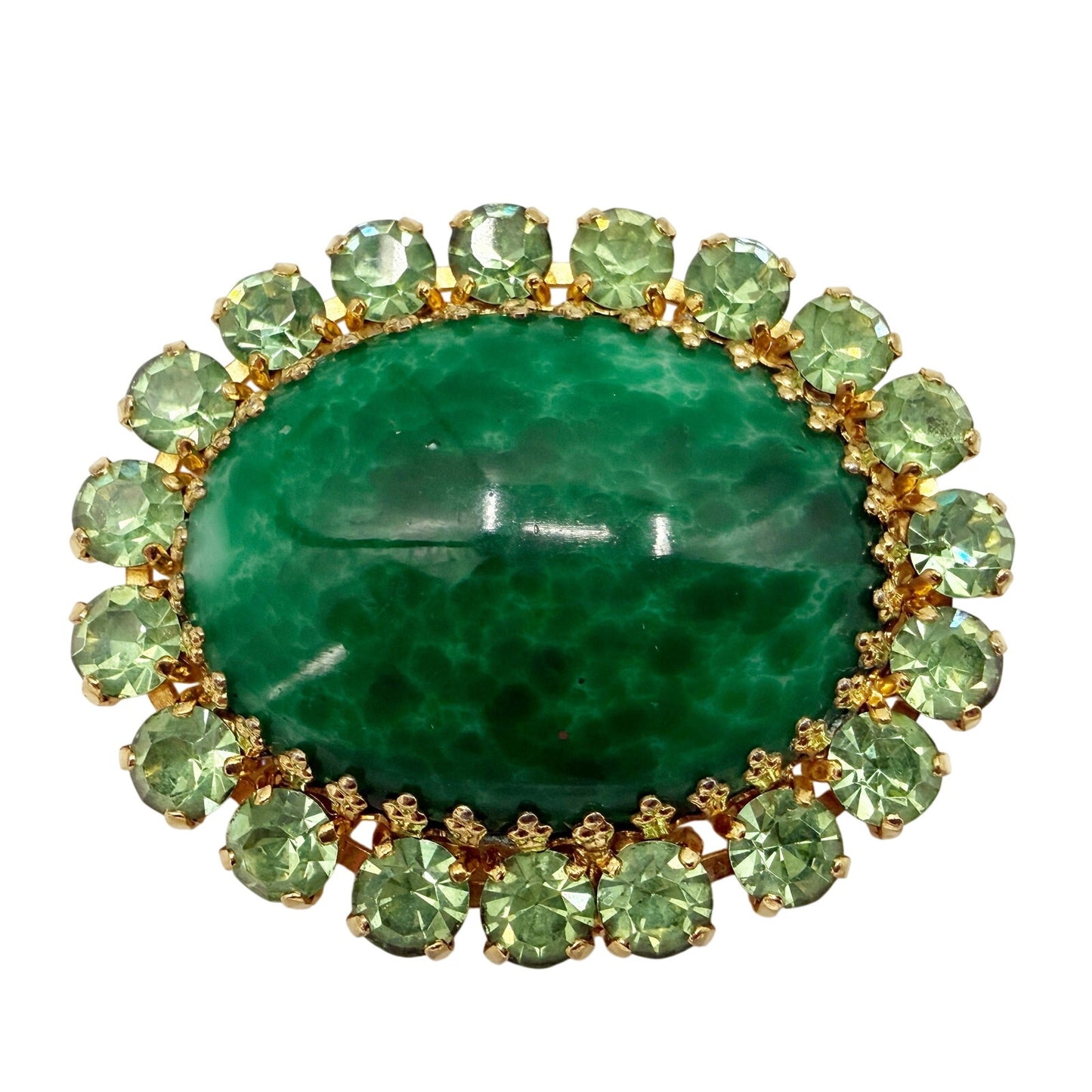 vintage green rhinestones stone & gold oval BROOCH costume jewelry pin