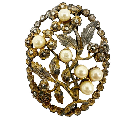 vintage gold metal faux pearls & rhinestones flower BROOCH floral jewelry pin