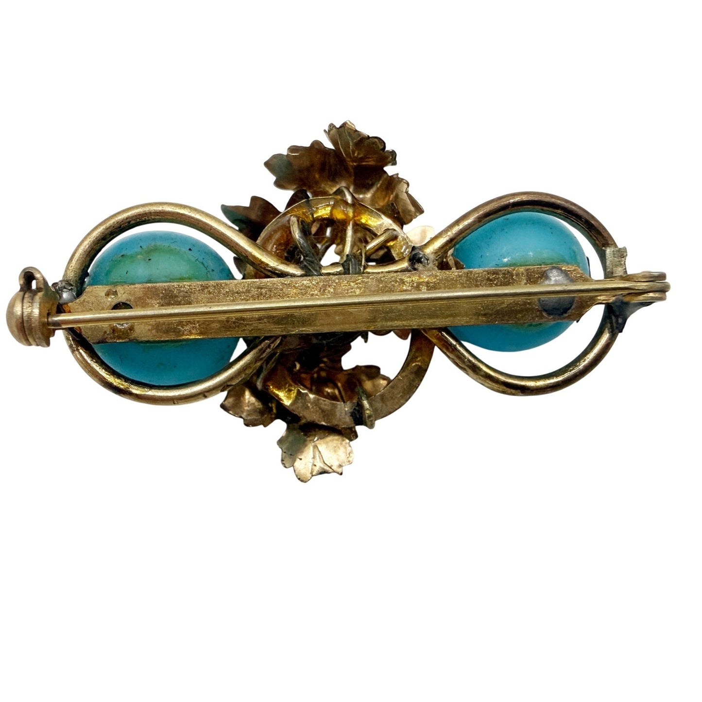 vintage gold leaf & turquoise blue beads BROOCH pendant or jewelry pin