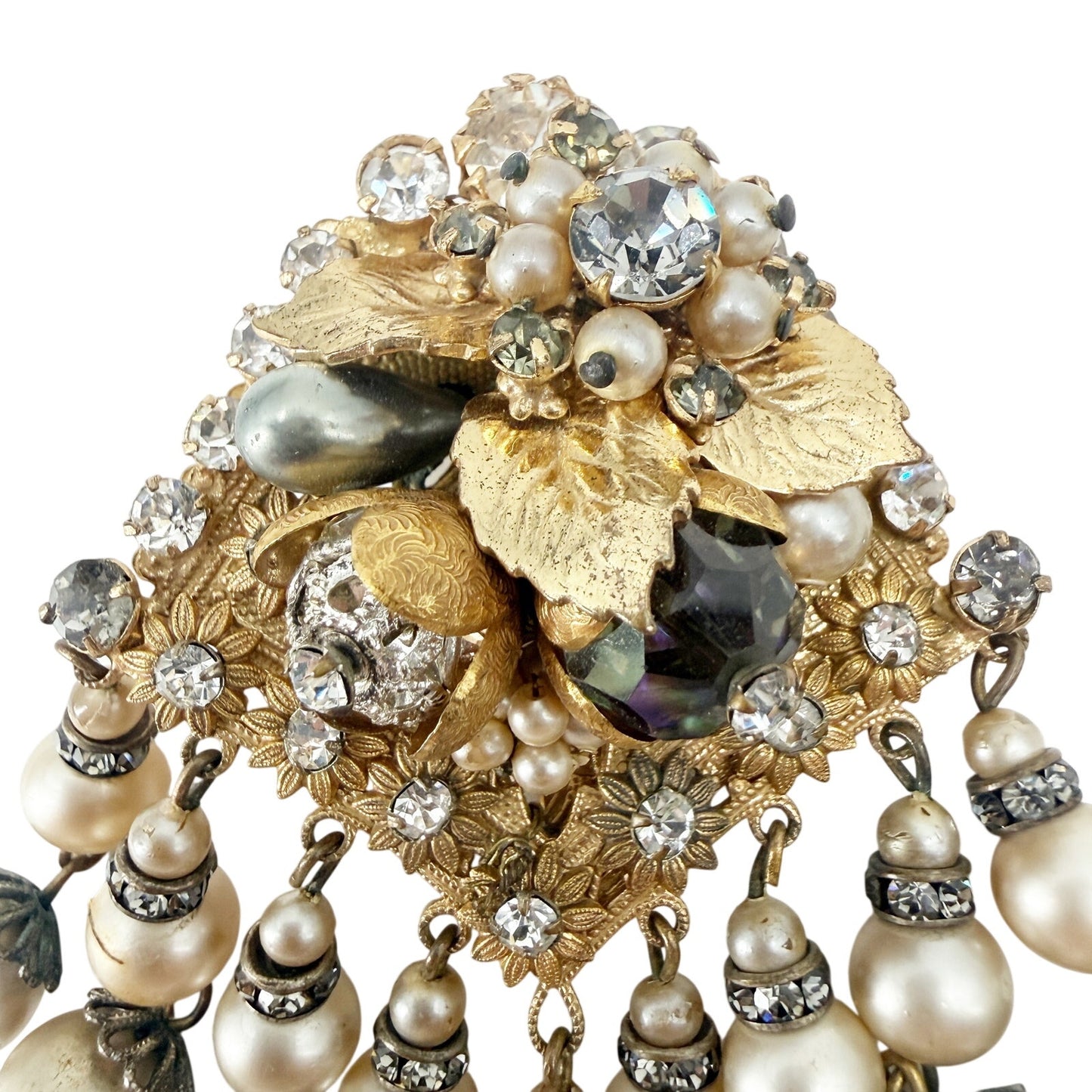 vintage Eugene gold & cascading faux pearls BROOCH floral costume jewelry pin
