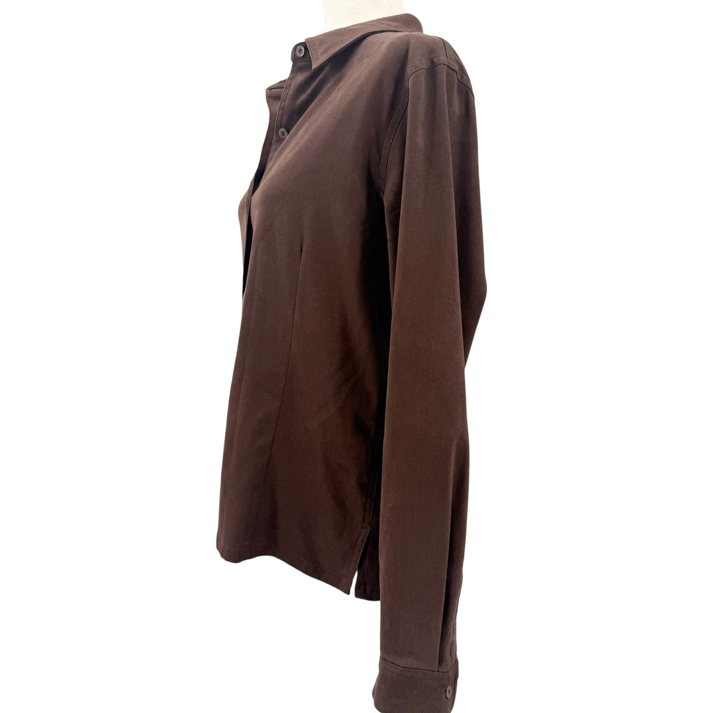 Talbots Collection brown stretch Button Up Top women's 10 large shirt faux suede