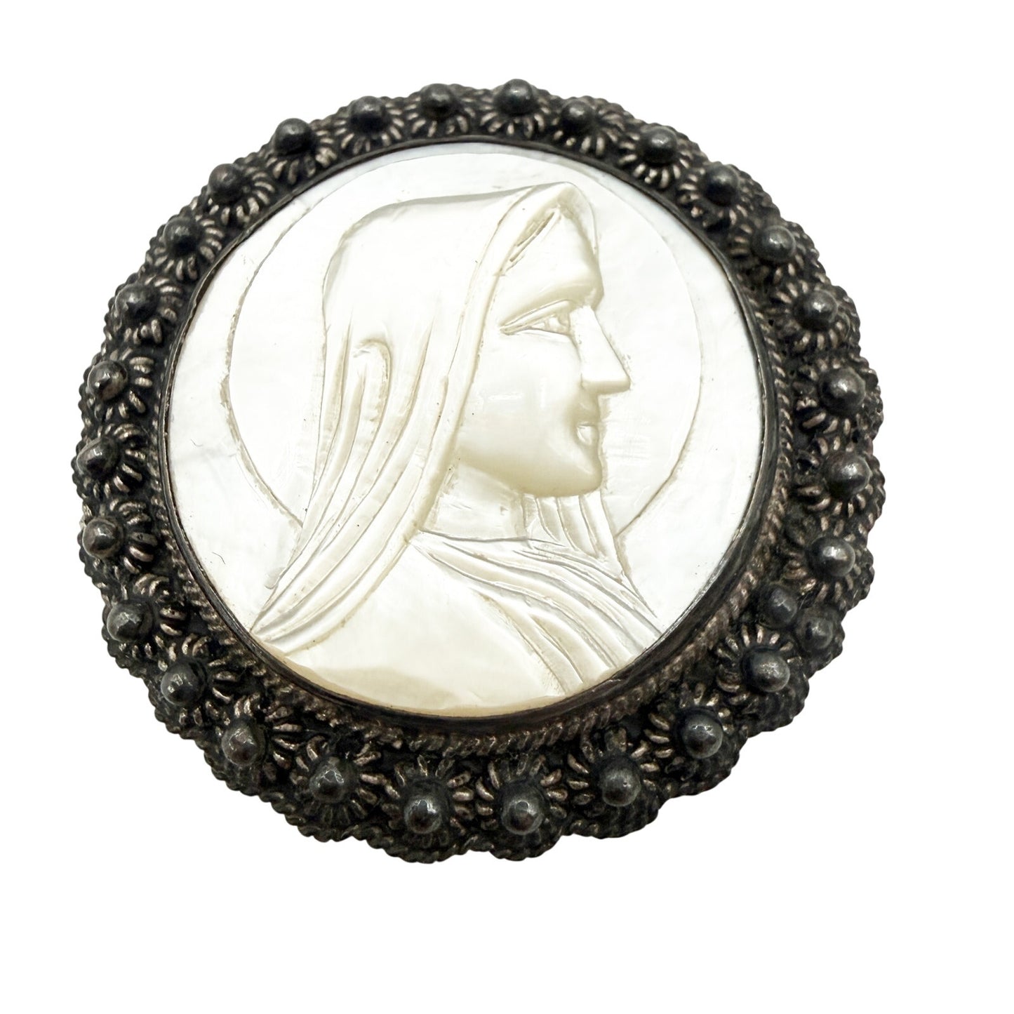 vintage Virgin Mary Mother of Pearl cameo BROOCH religious Jerusalem 935 silver