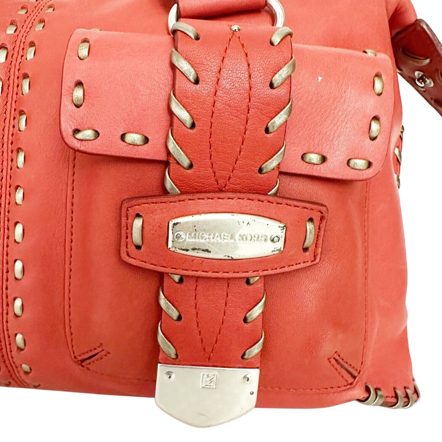 Michael Kors burnt sienna leather bronze whipstitch HANDBAG bag top handle purse