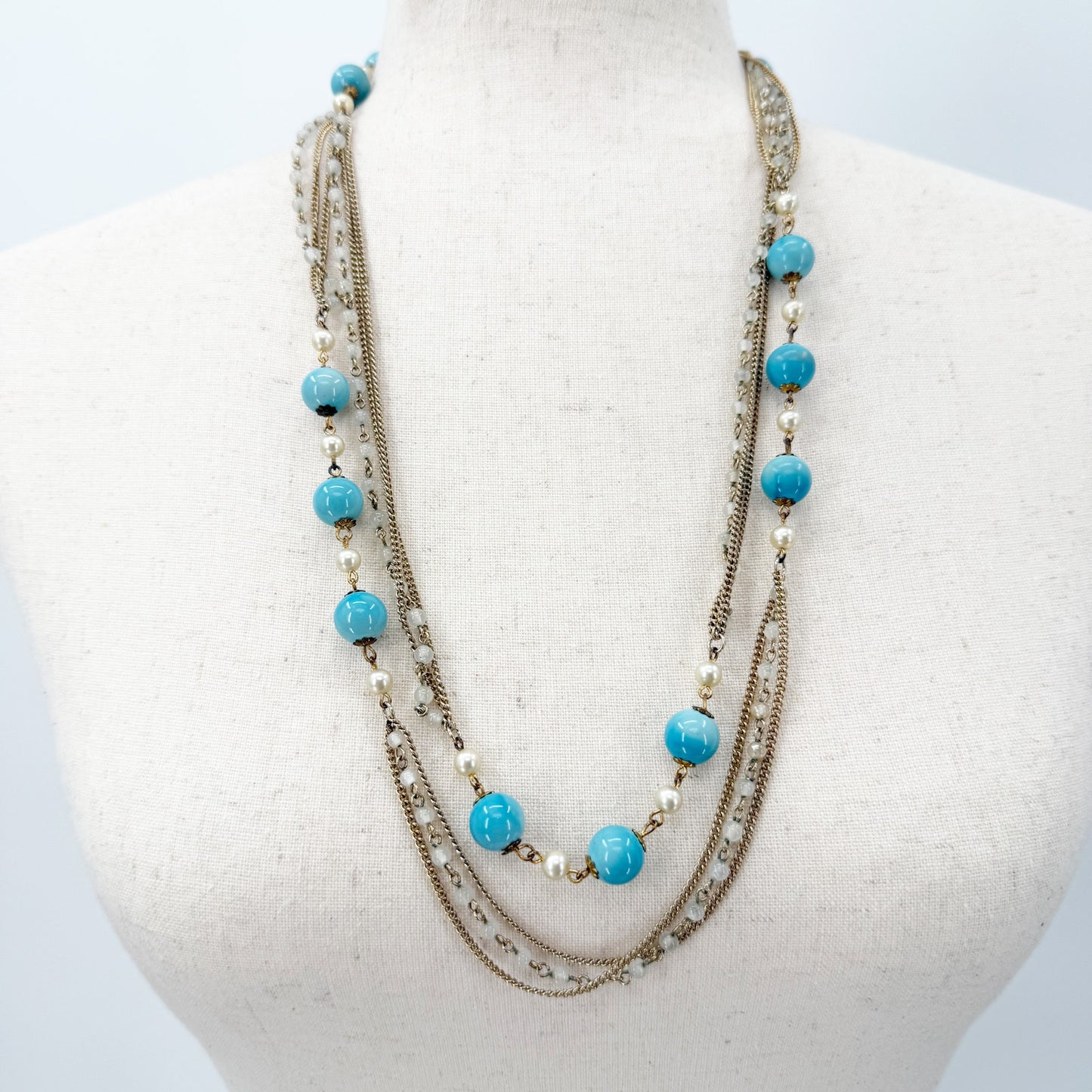 vintage gold chain Necklace faux pearls turquoise blue beads costume jewelry