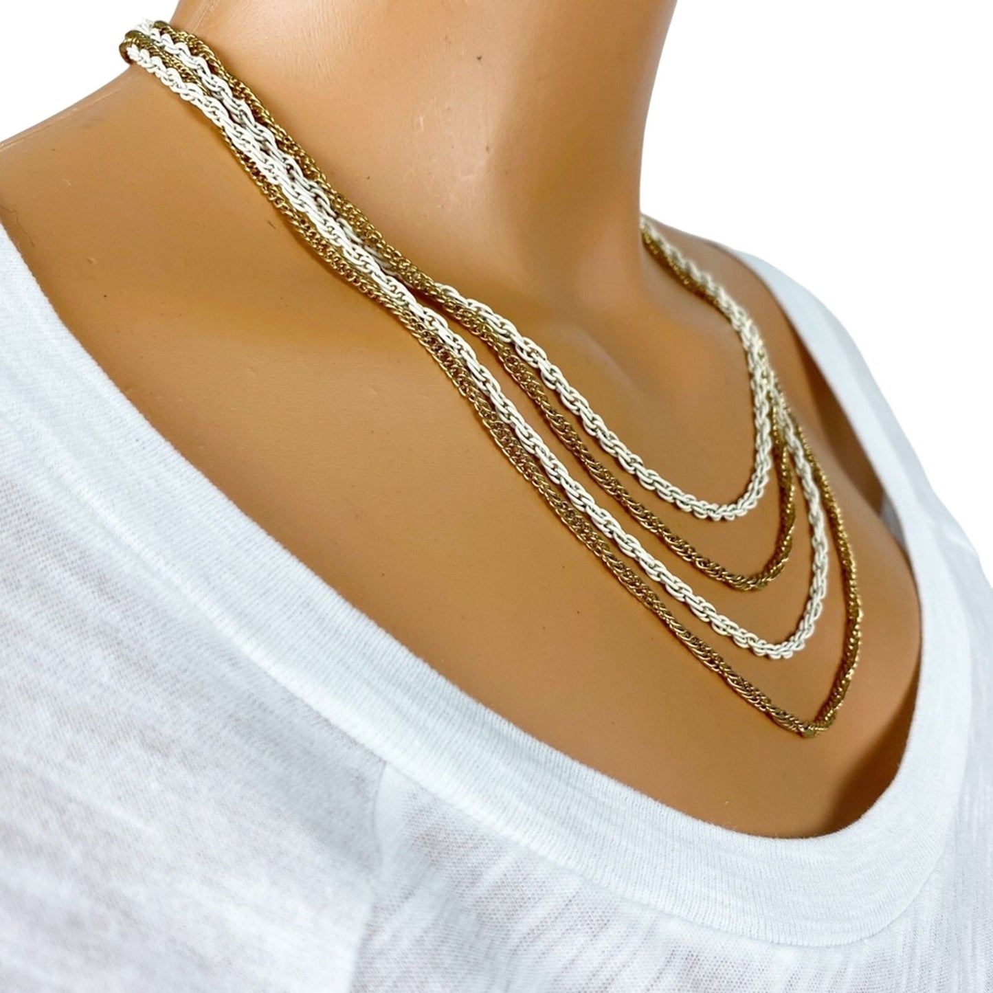 vintage gold & white 18" chain multi-strand NECKLACE costume jewelry