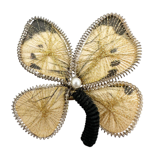 vintage black cream & metallic gold threads Butterfly BROOCH jewelry pin