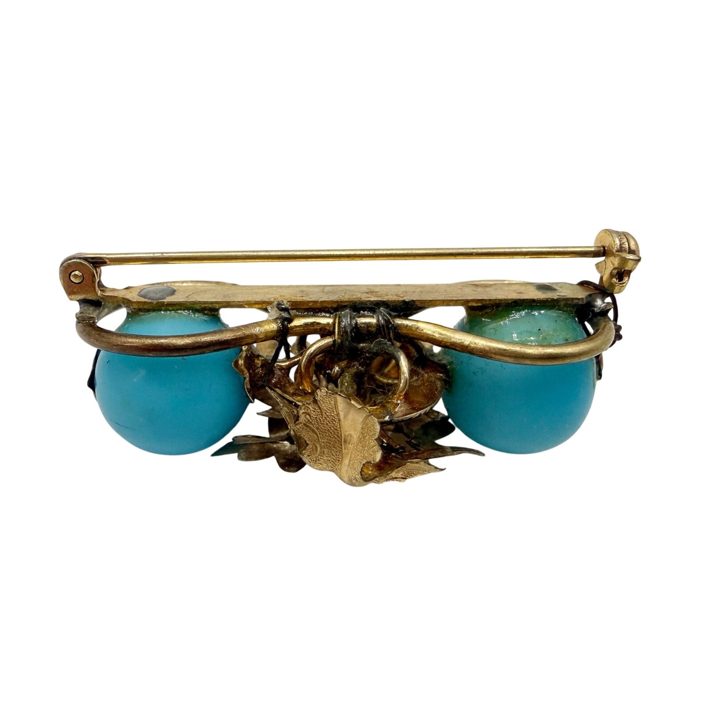 vintage gold leaf & turquoise blue beads BROOCH pendant or jewelry pin