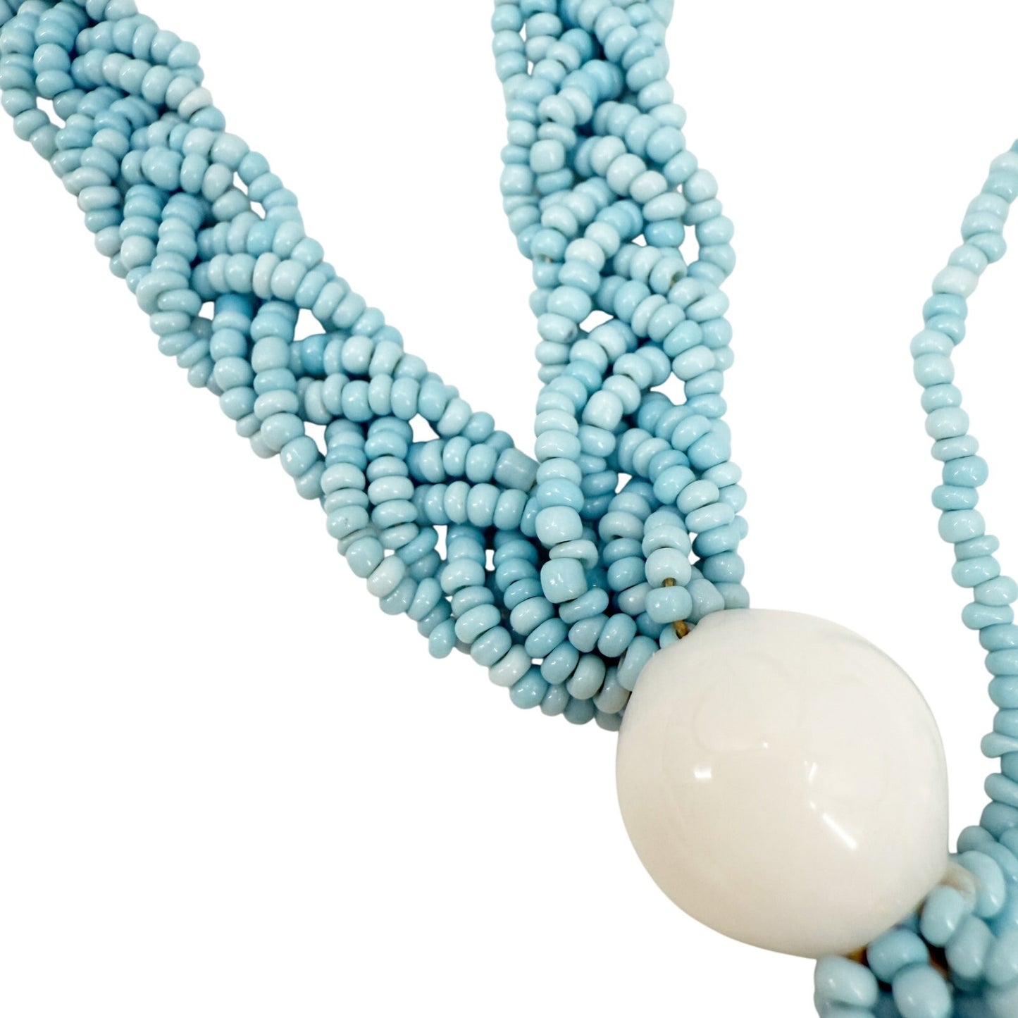 vintage Necklace of turquoise blue seed beads & tassel pendant long 28" drop