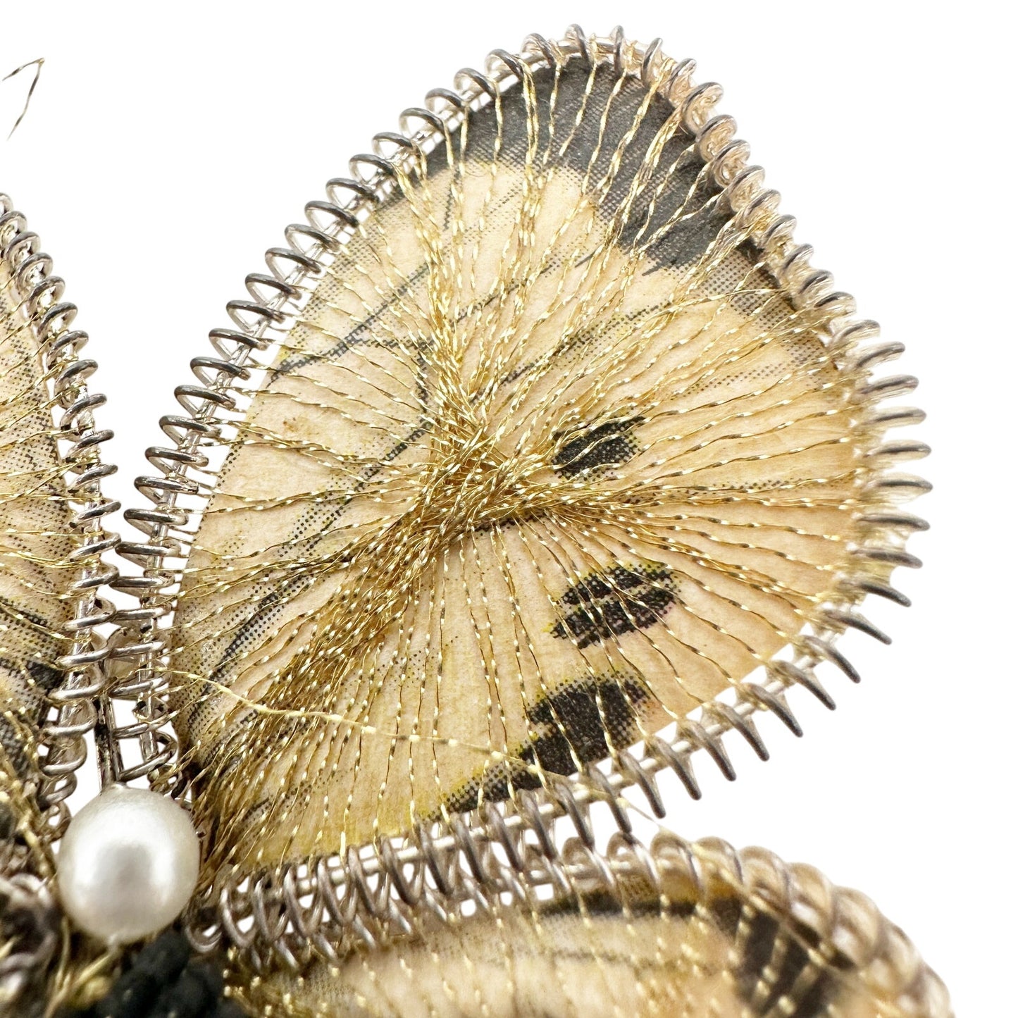 vintage black cream & metallic gold threads Butterfly BROOCH jewelry pin