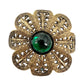 vintage bronze metal flower BROOCH green stone center floral jewelry pin