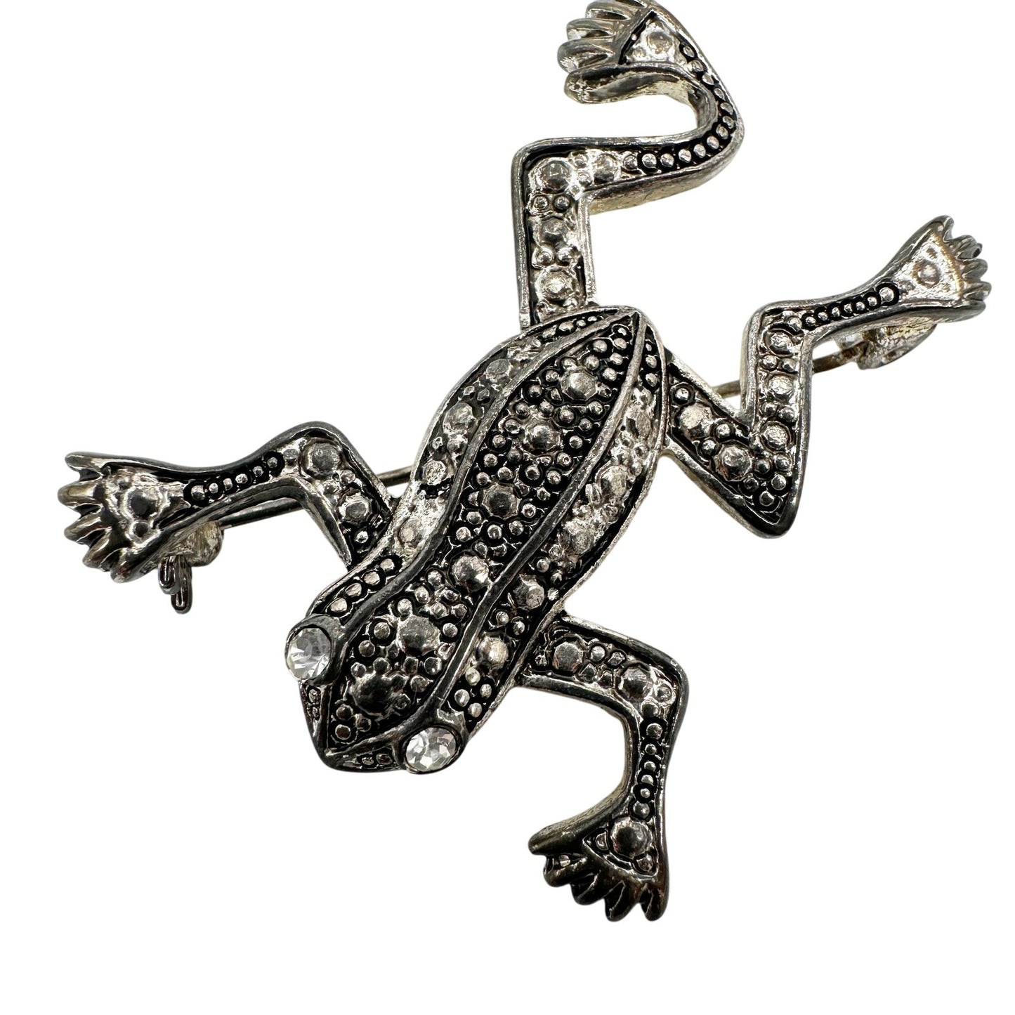 vintage silver tone metal Frog clear rhinestone eyes BROOCH jewelry pin
