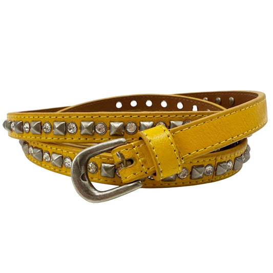 rhinestones & silver studs yellow Leather wraparound Belt women's size SMALL new