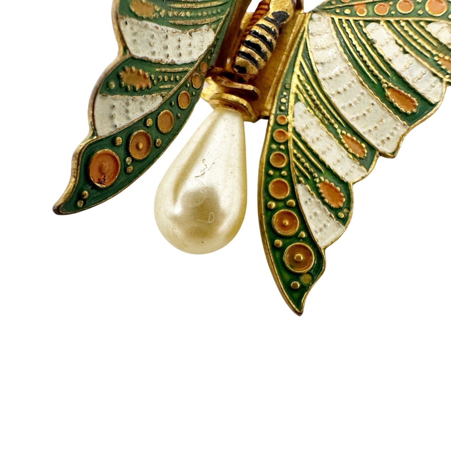 vintage Butterfly Clip green orange gold faux pearls jewelry pin made in SPAIN