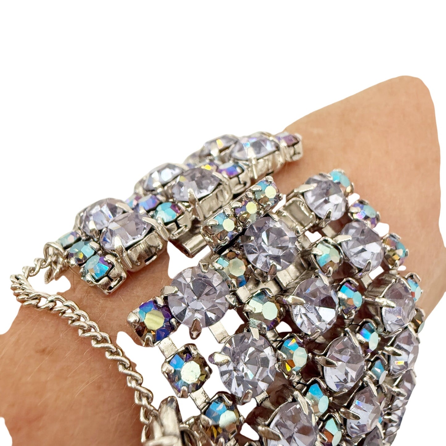 vintage 1.5" wide Rhinestone Bracelet blue iridescent stones women's jewely