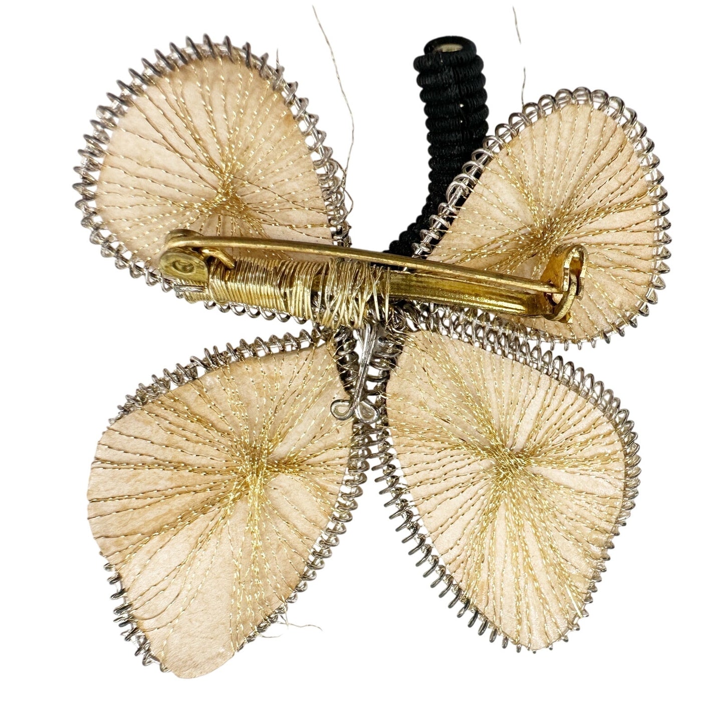 vintage black cream & metallic gold threads Butterfly BROOCH jewelry pin