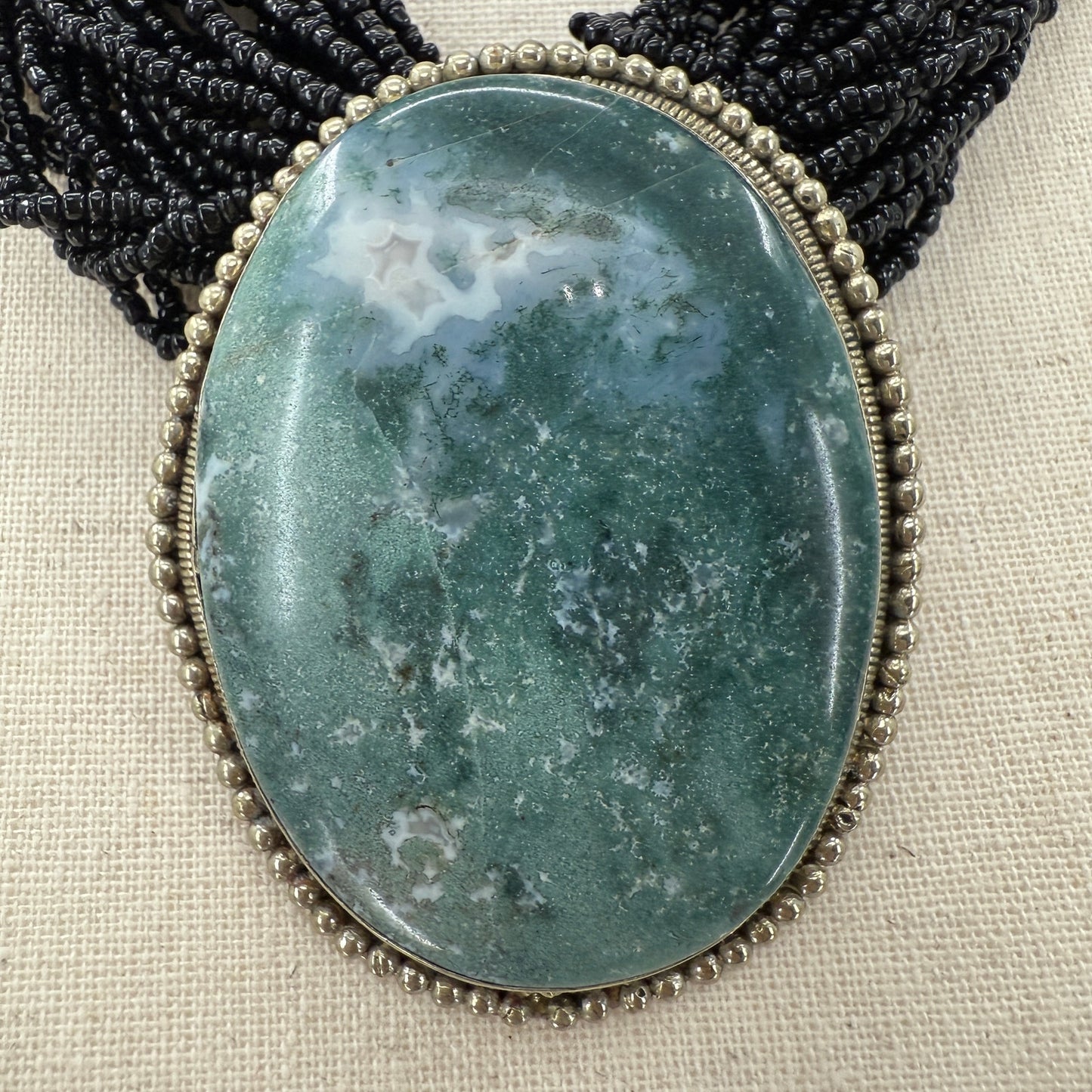 multi-strand black seed bead Necklace moss agate oval Pendant beaded strands