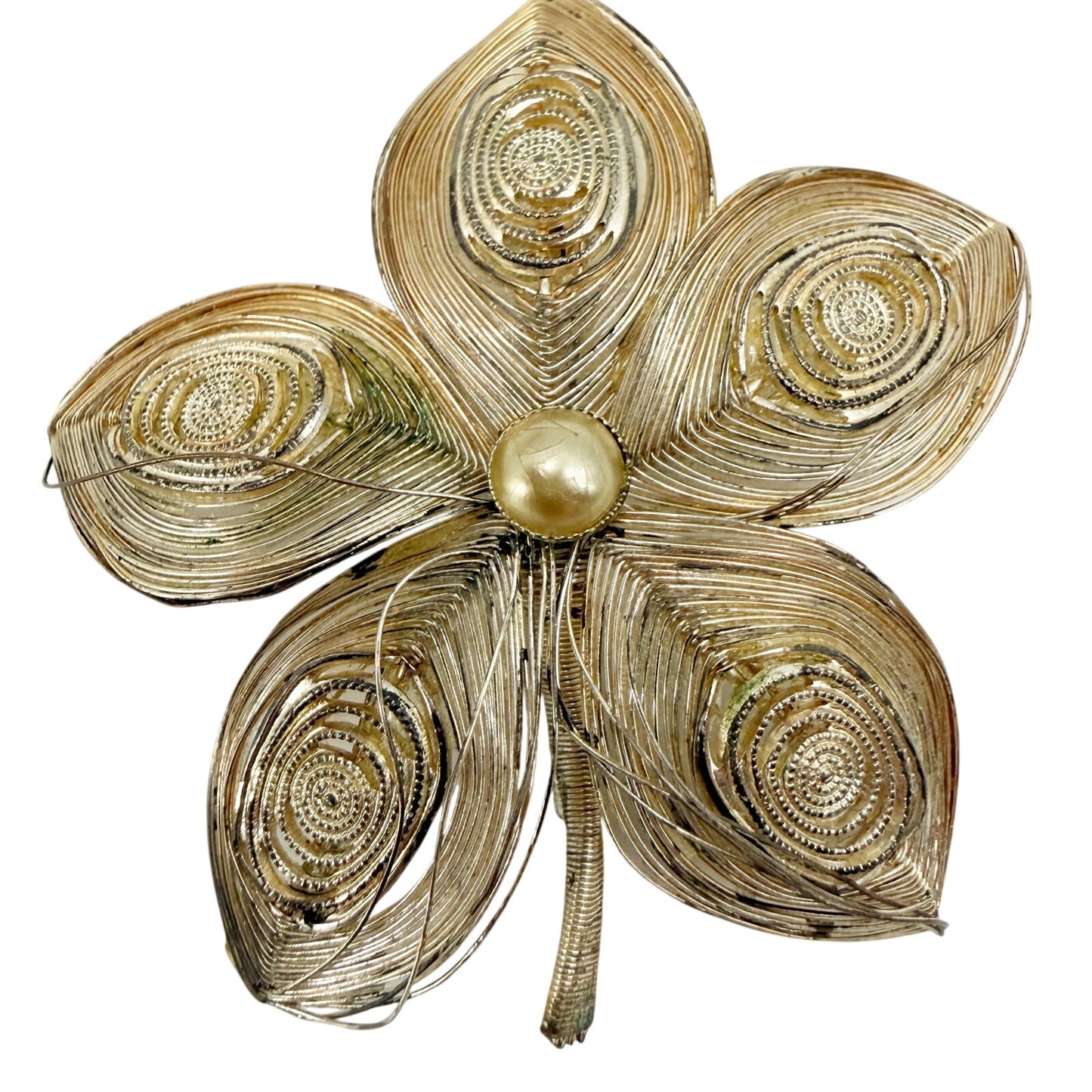 vintage silver wirework metal flower BROOCH costume jewelry pin wire wrap pearl