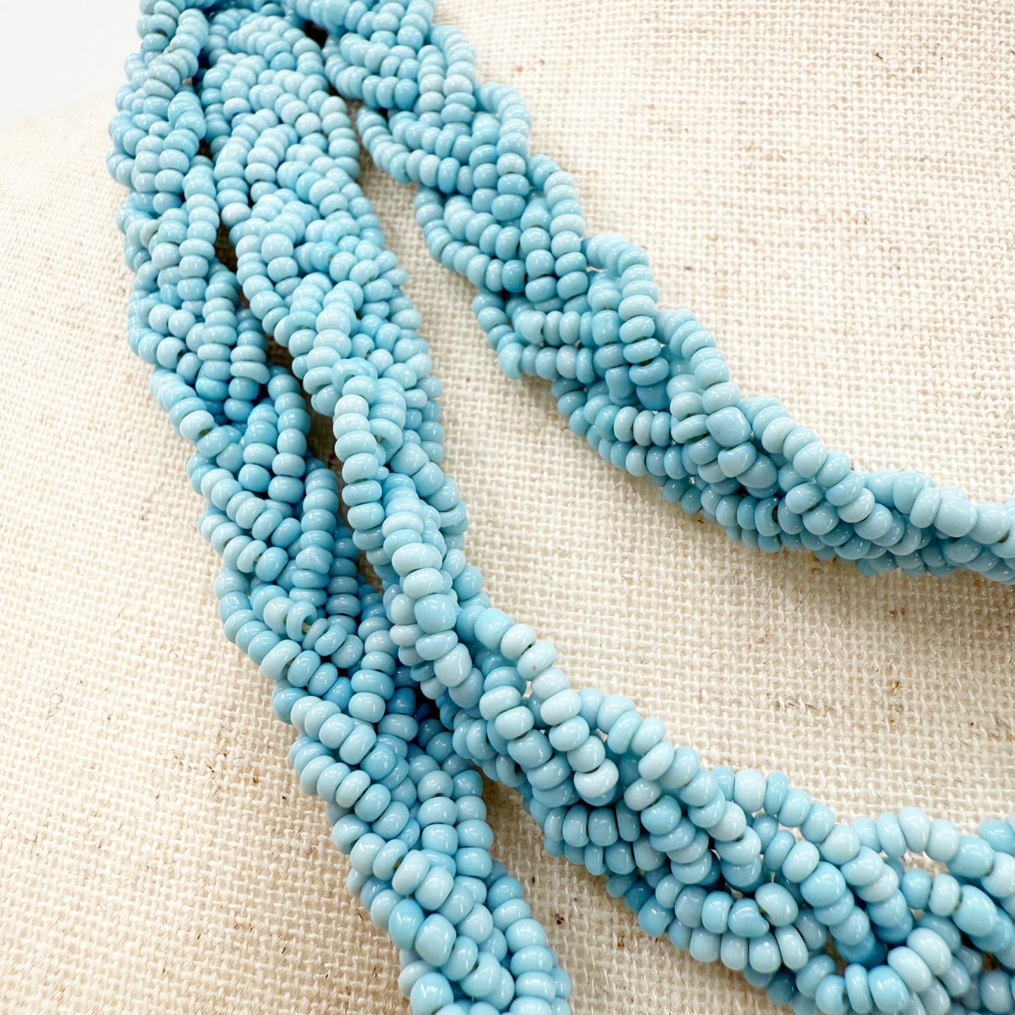 vintage Necklace of turquoise blue seed beads & tassel pendant long 28" drop