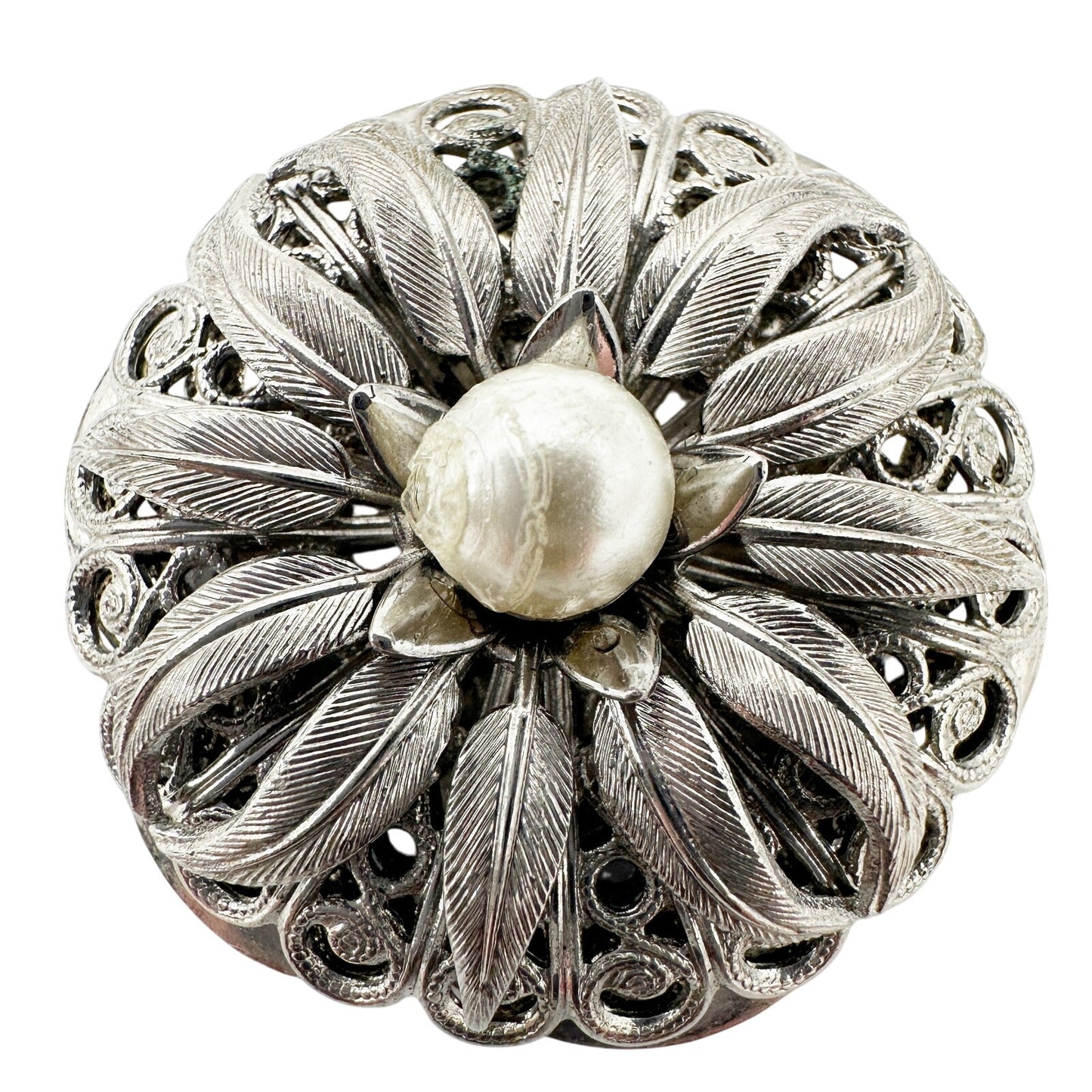 vintage Lieba USA silver & faux pearl Dress Scarf Clip round flower jewelry