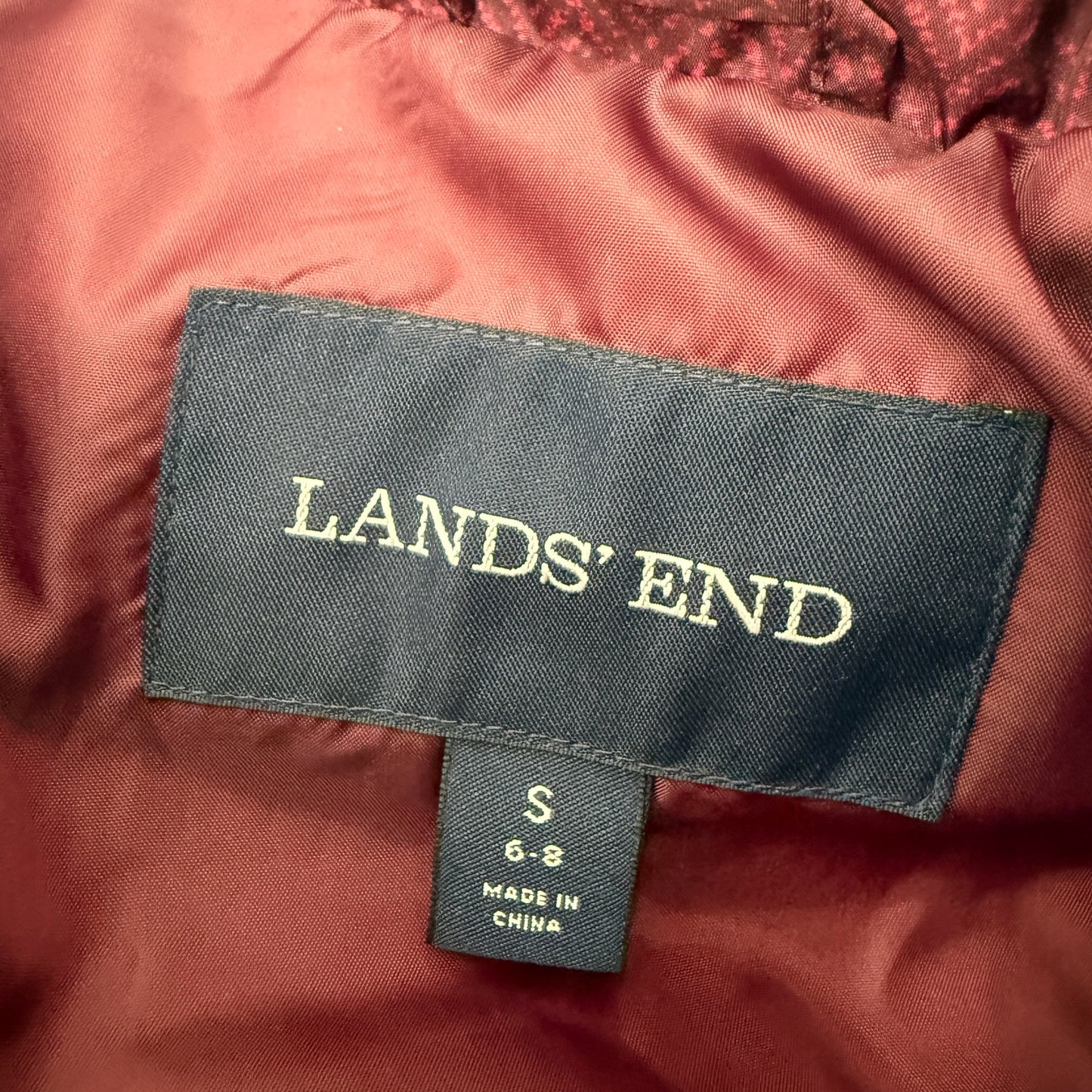 Lands' End quilted burgundy Down Puffer Vest women's SMALL 6-8 herringbone print