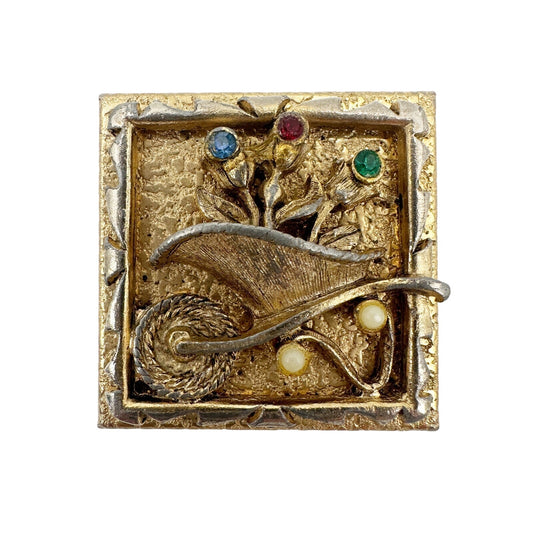 vintage gold tone metal Pill Box small size 1.5" square wheelbarrow & flowers