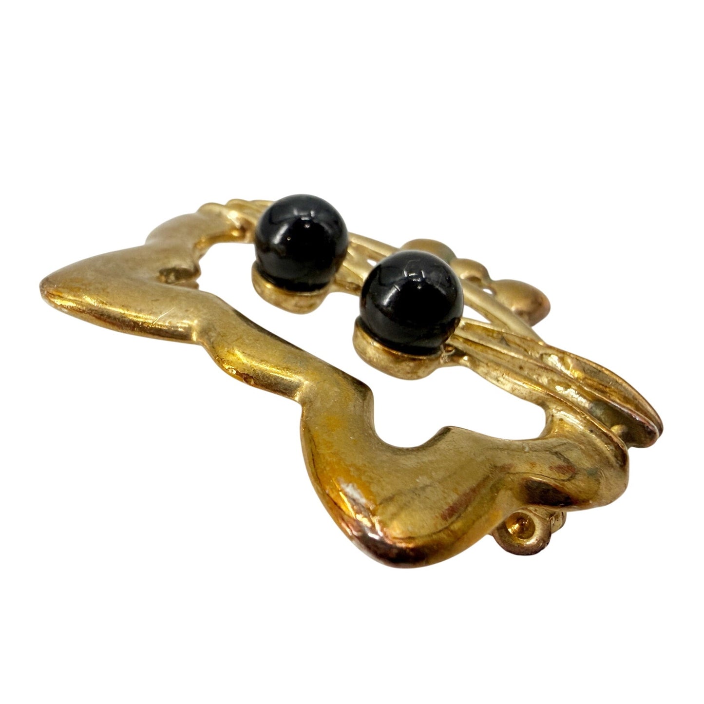 vintage gold & black kitty cat face head BROOCH jewelry pin bow tie bead eyes