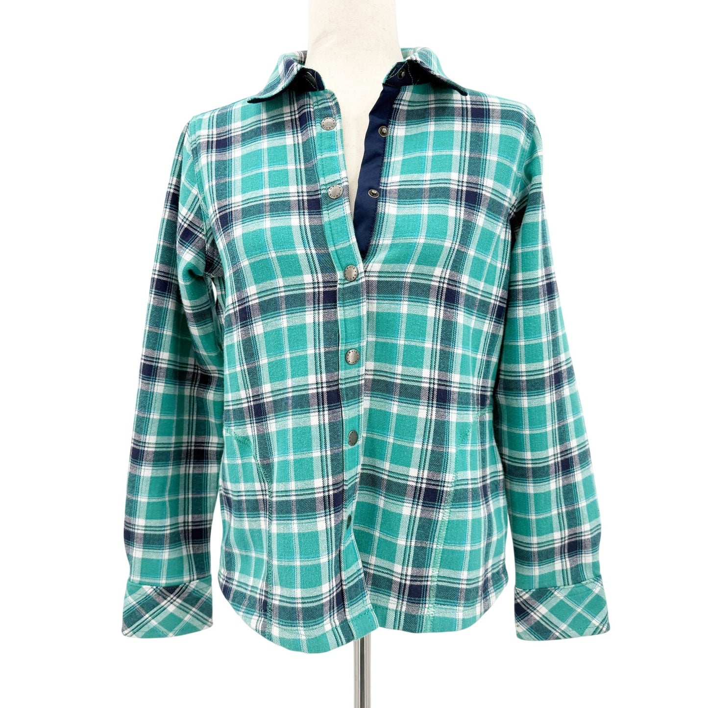 Orvis turquoise & blue plaid Flannel Lined Shirt Jacket women's SMALL snap front