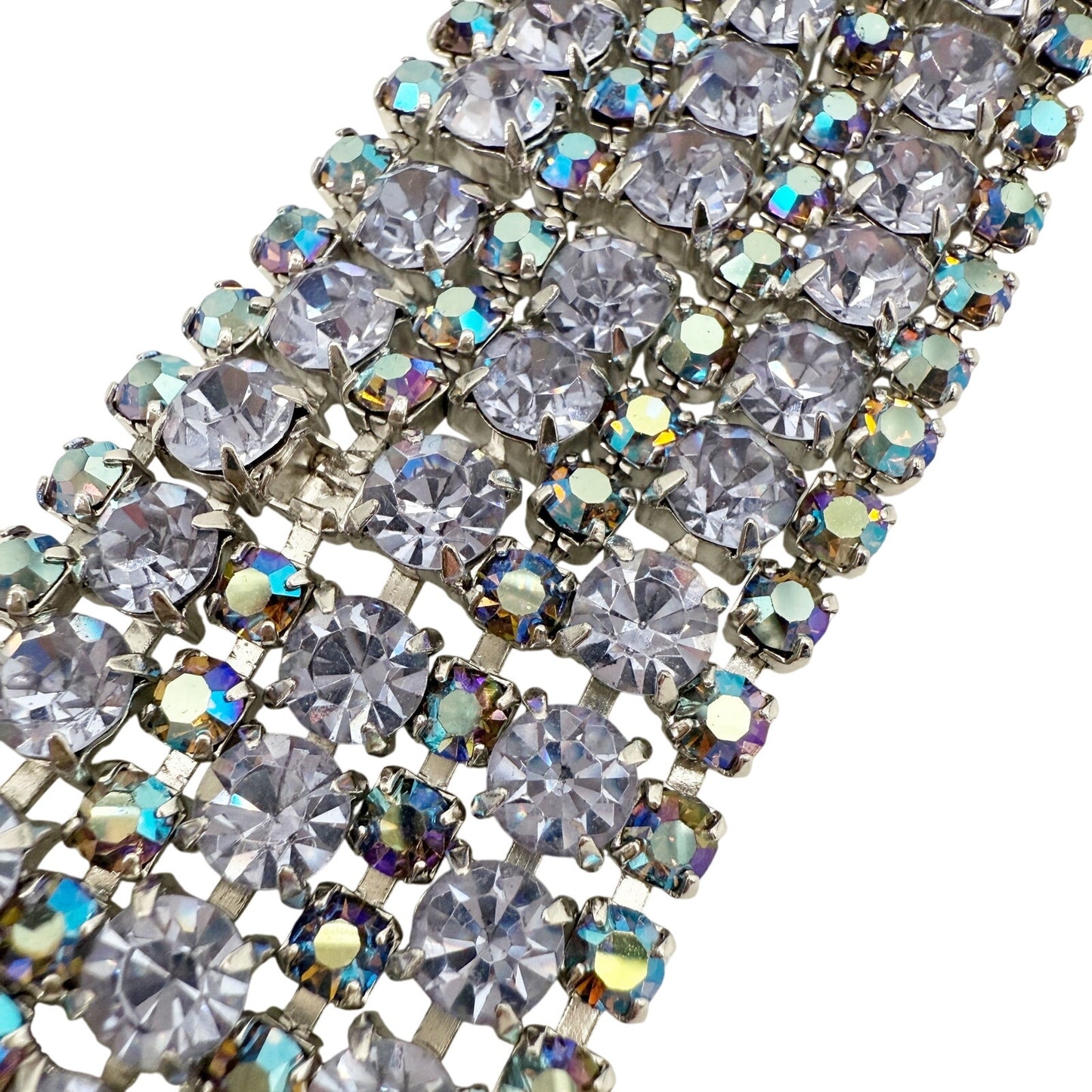 vintage 1.5" wide Rhinestone Bracelet blue iridescent stones women's jewely