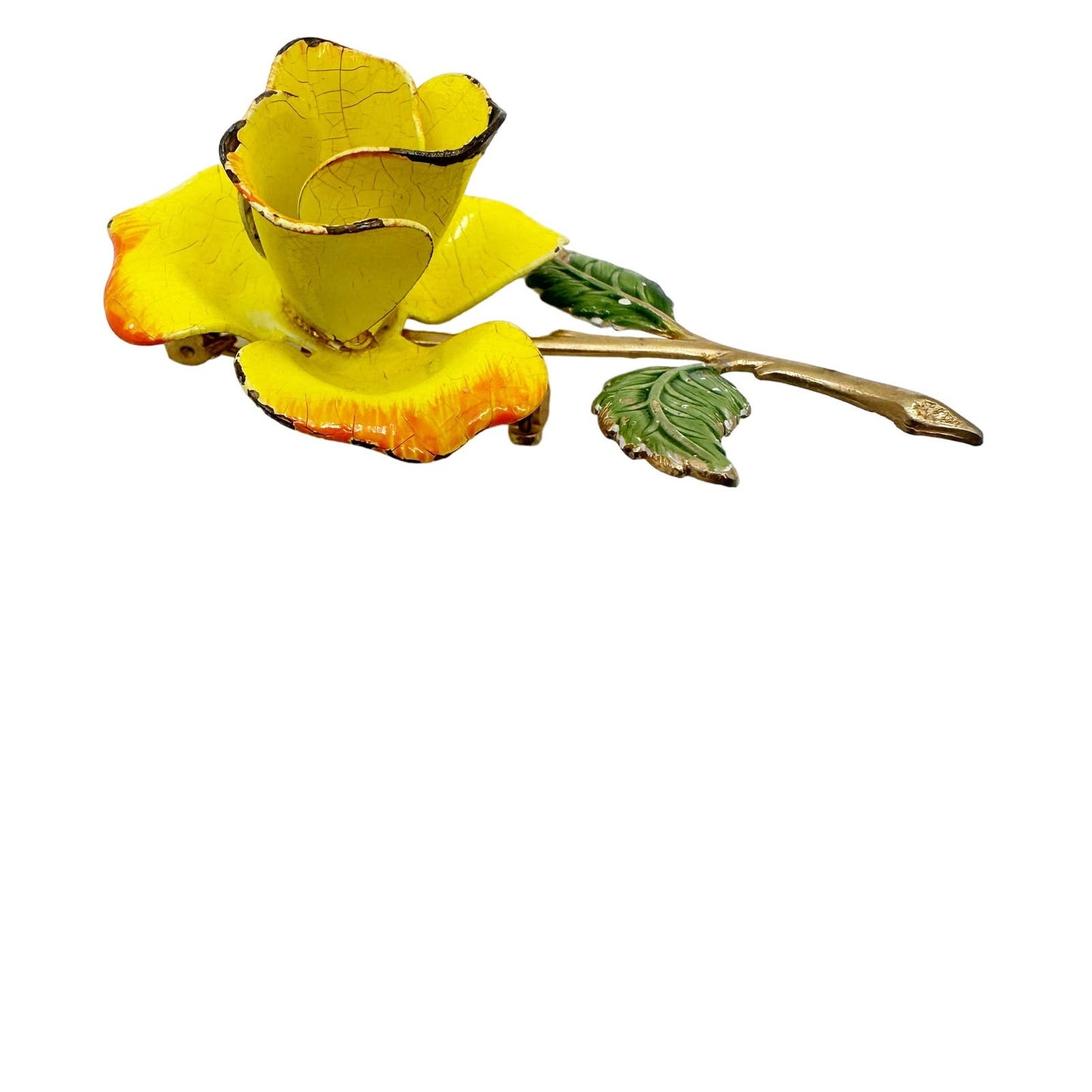 vintage enamel yellow metal flower BROOCH floral jewelry pin stem leaves