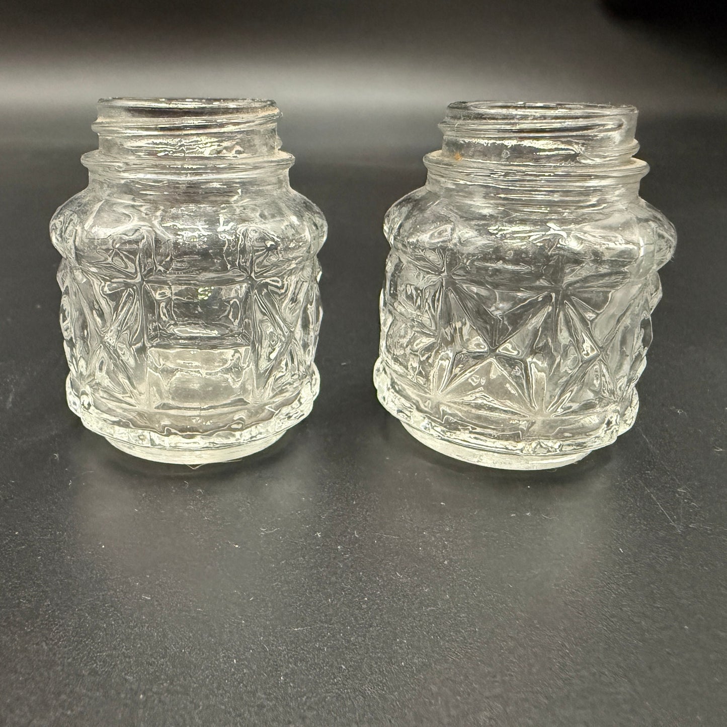 vintage clear glass 2.25" tall Salt & Pepper Shaker jars set - missing lids