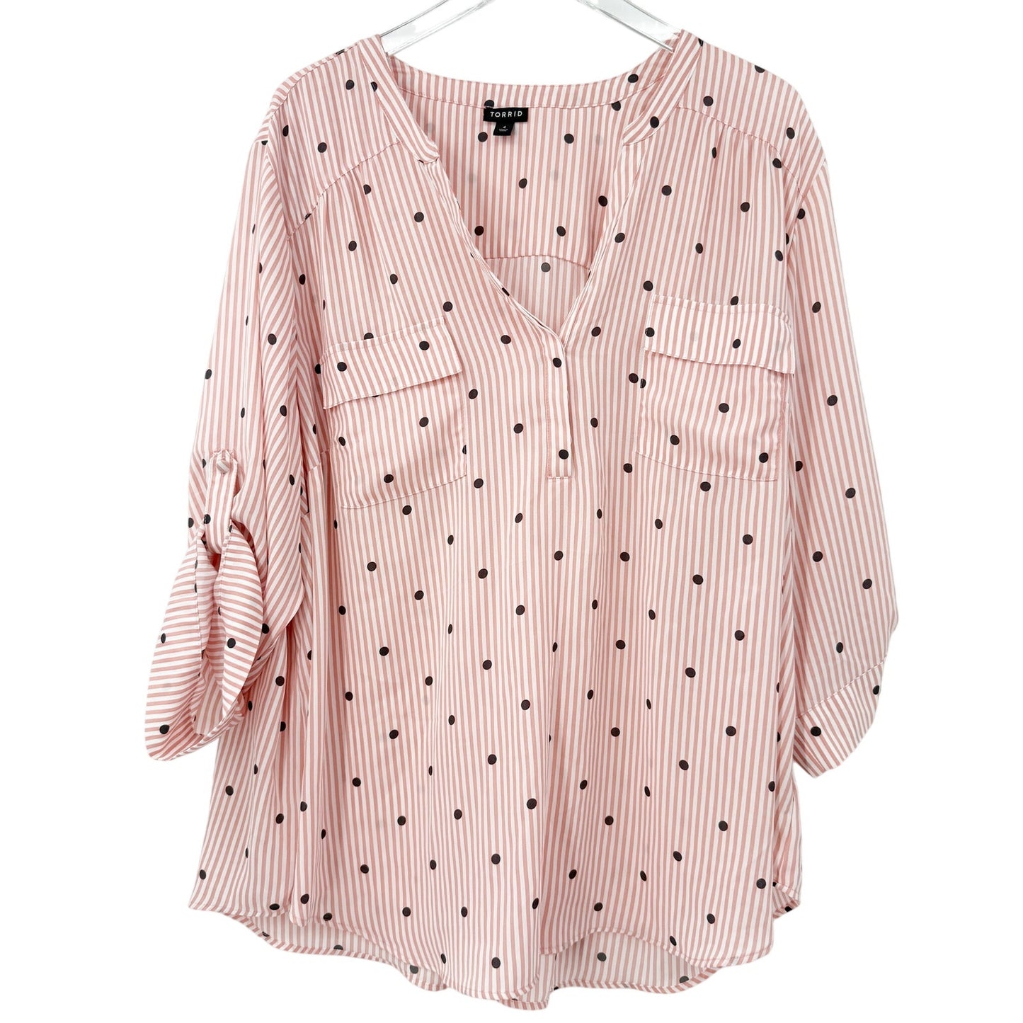 pink gray white stripes & polka dots Top work blouse women's 26 Torrid size 4