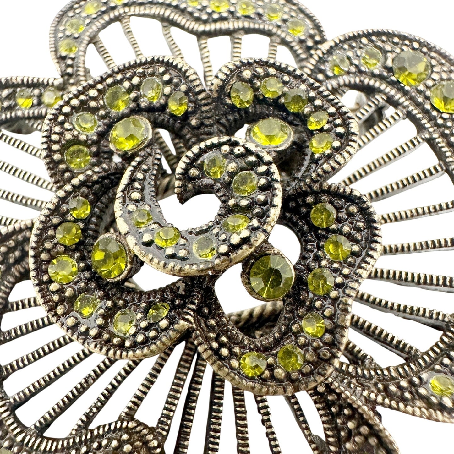 vintage antique gold black green rhinestones flower BROOCH floral jewelry pin
