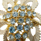 vintage gold grayish white baby blue rhinestones Leaf BROOCH floral jewelry pin