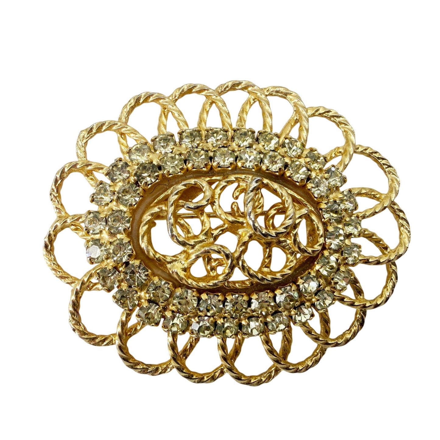 vintage gold & rhinestones oval BROOCH costume jewelry pin