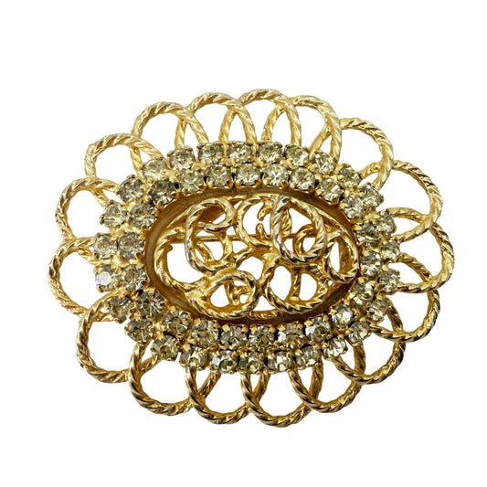 vintage gold & rhinestones oval BROOCH costume jewelry pin