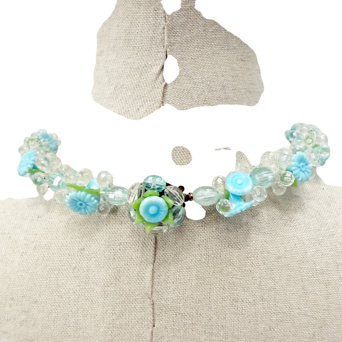 vintage West Germany beaded floral Necklace blue green clear costume jewelry
