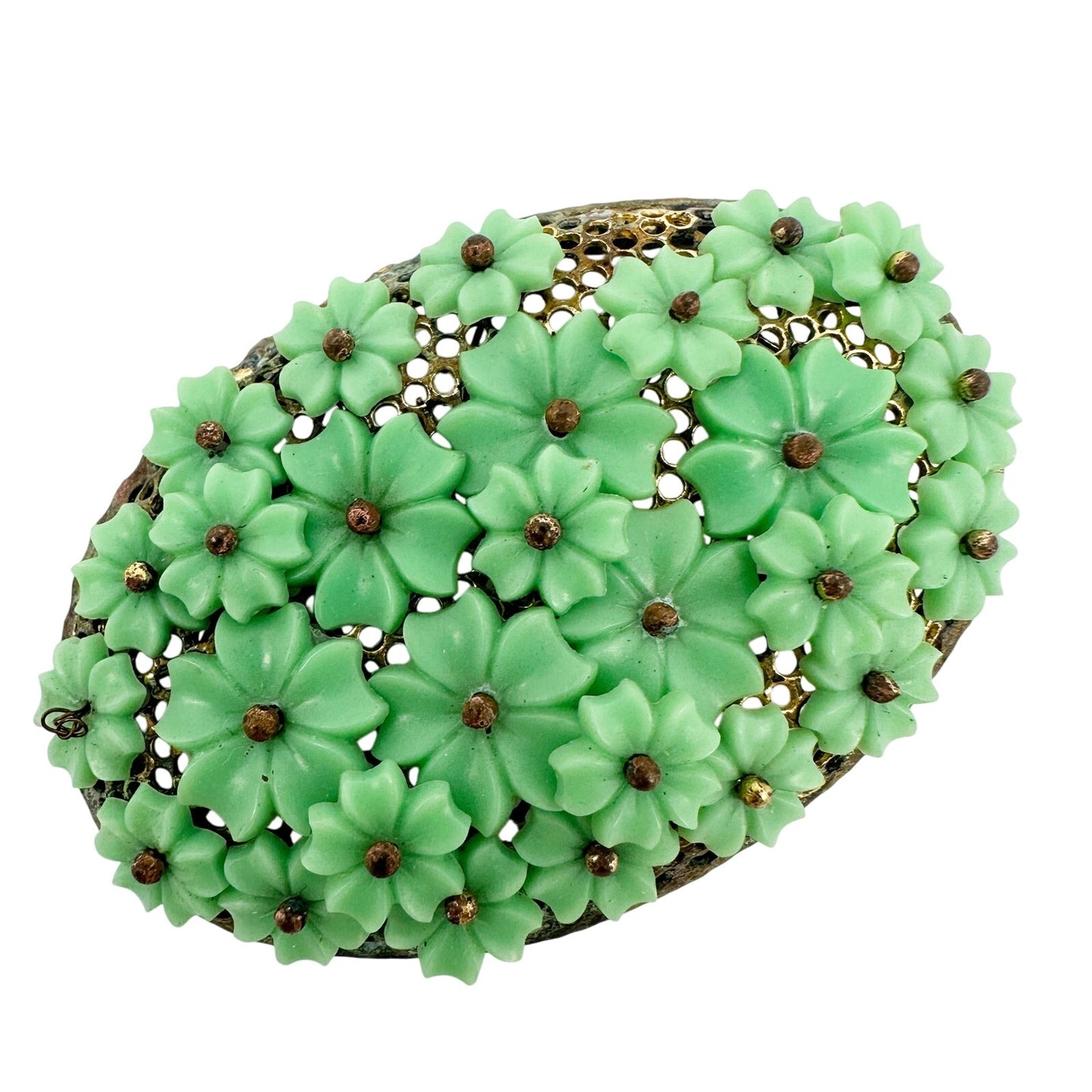 vintage small green flowers on oval metal BROOCH floral jewelry *missing pin*