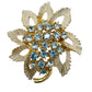 vintage gold grayish white baby blue rhinestones Leaf BROOCH floral jewelry pin