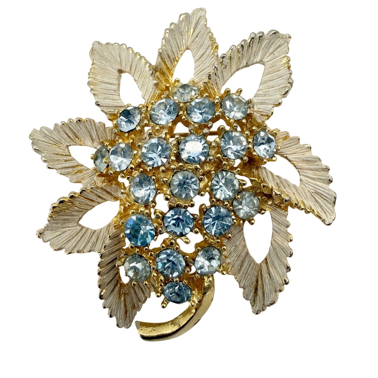 vintage gold grayish white baby blue rhinestones Leaf BROOCH floral jewelry pin