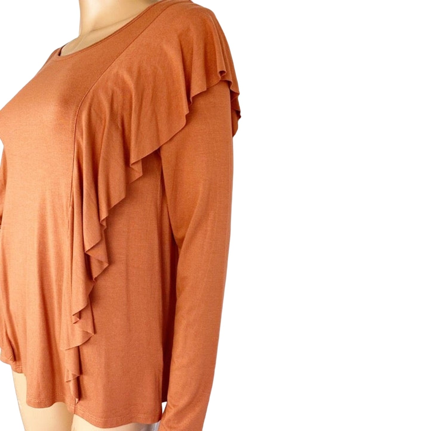 FRYE baked clay orange rust long sleeve Ruffle Knit Top women's S small new $88