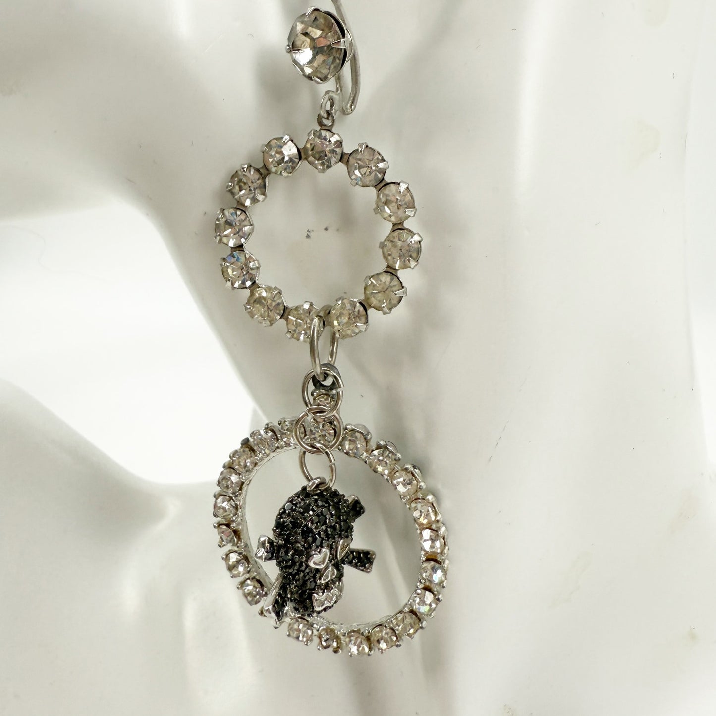 handmade clear Rhinestones & black Skull EARRINGS dangling 3.5" long jewelry