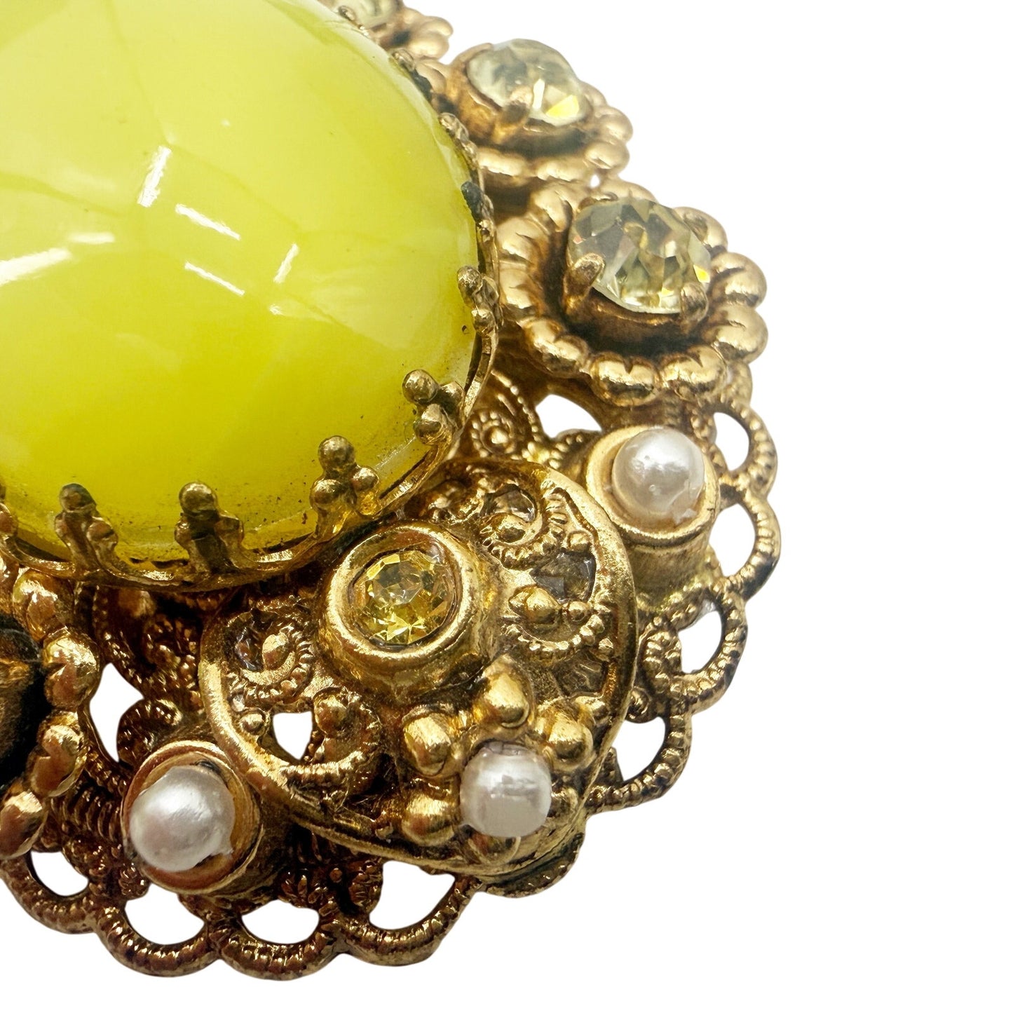 vintage West Germany yellow gold BROOCH jewelry clip EARRINGS rhinestones pearls