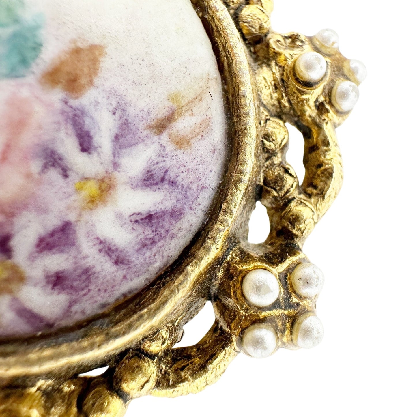 vintage gold painted flower cameo faux pearls BROOCH pendant floral jewelry pin