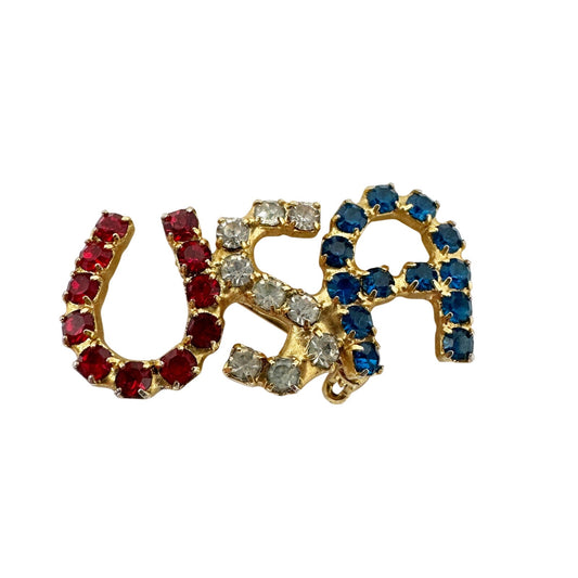 vintage America USA rhinestone BROOCH patriotic jewelry pin red blue gold